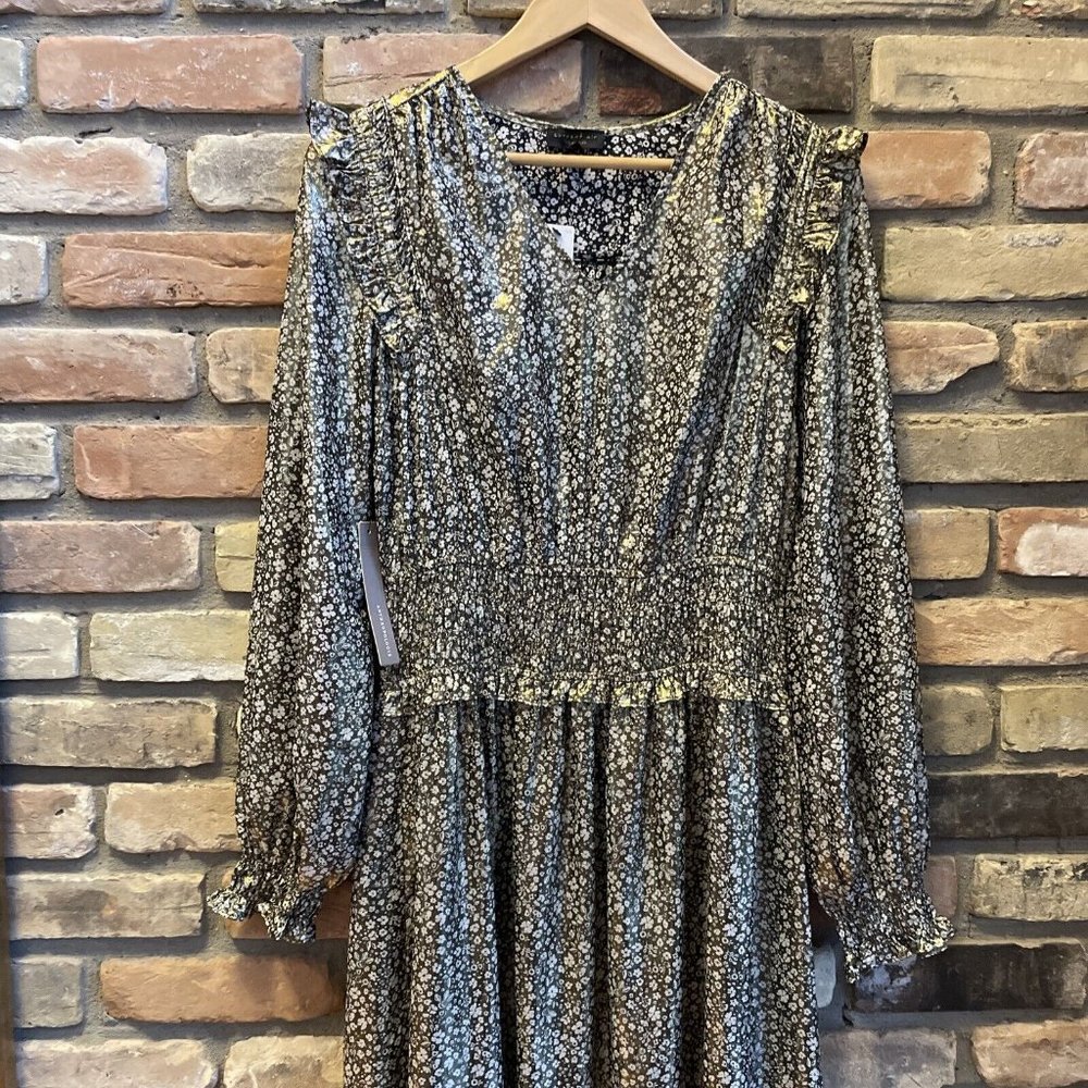 Anthropologie current air gold metallic floral maxi dress m medium nwt mrsp $158